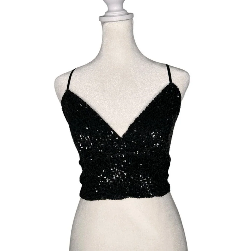 Vintage Y2K Glamazon Black Sequin V-Neck Crop Cami Top. Size S. Nightclub glam